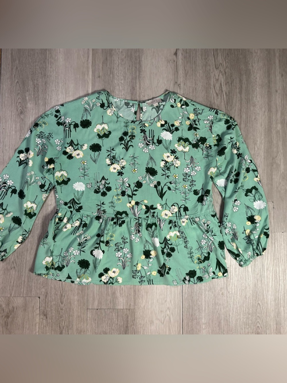 Ann Taylor Loft Women’s Long Sleeve Peplum Blouse Top Green Floral Size Large